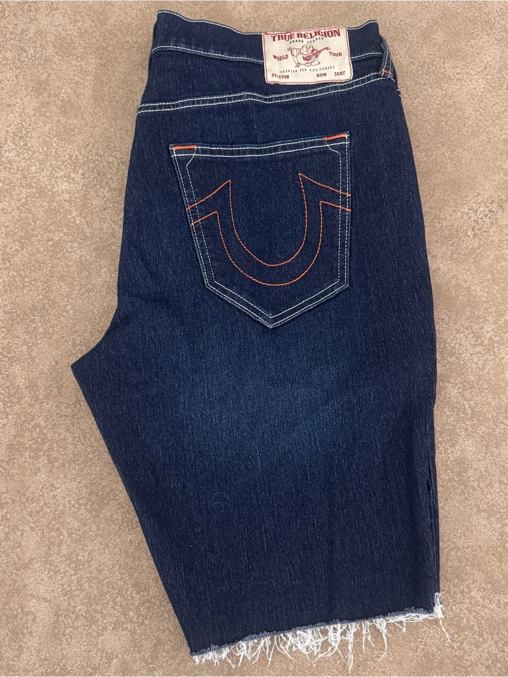 True Religion Ricky Denim Shorts Men's 36 Dark Wash Frayed Hem Relaxed Straight